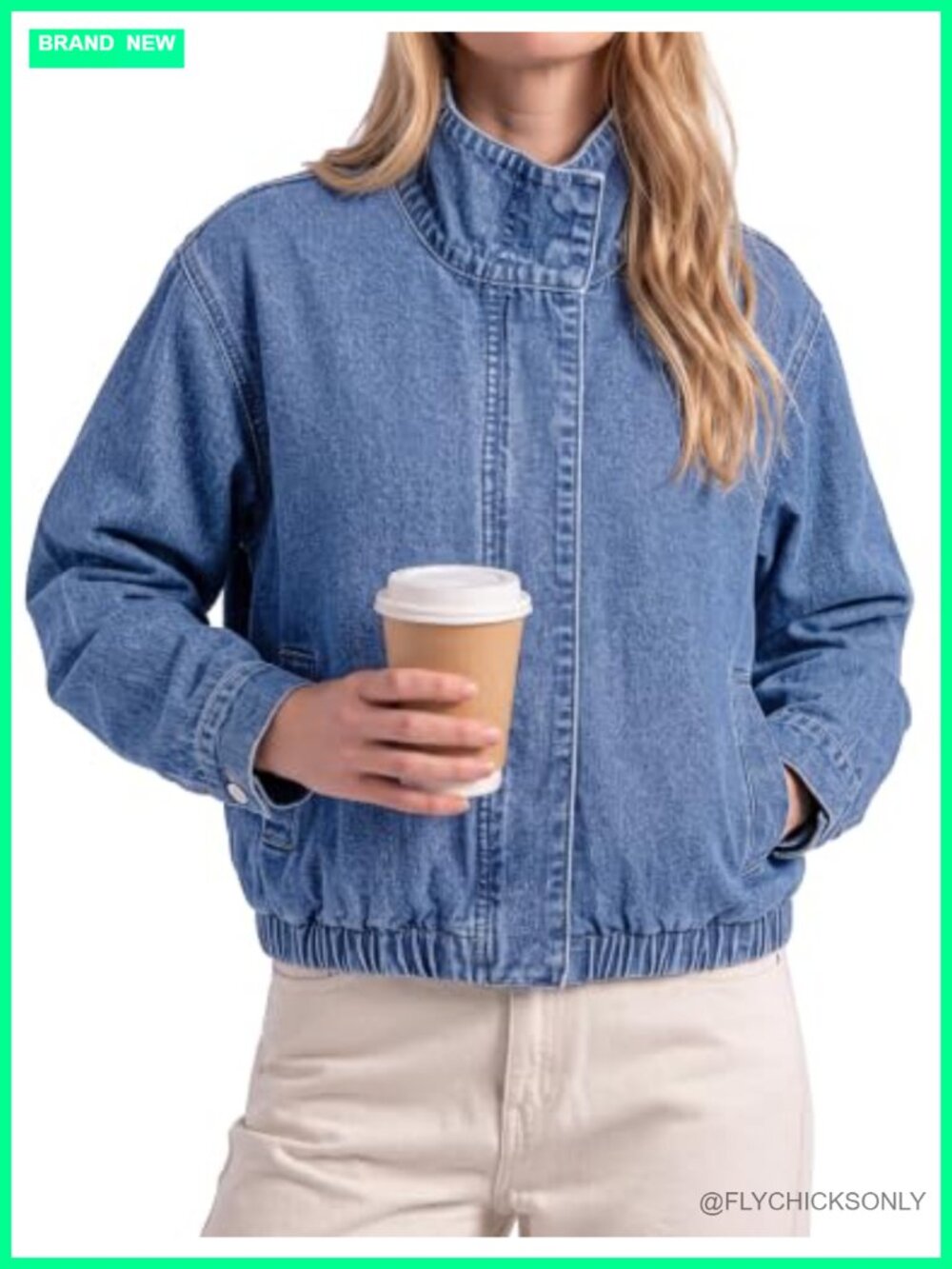 Oversized Funnel Neck Denim Jean Jacket Zip Up Snap Closure Casual